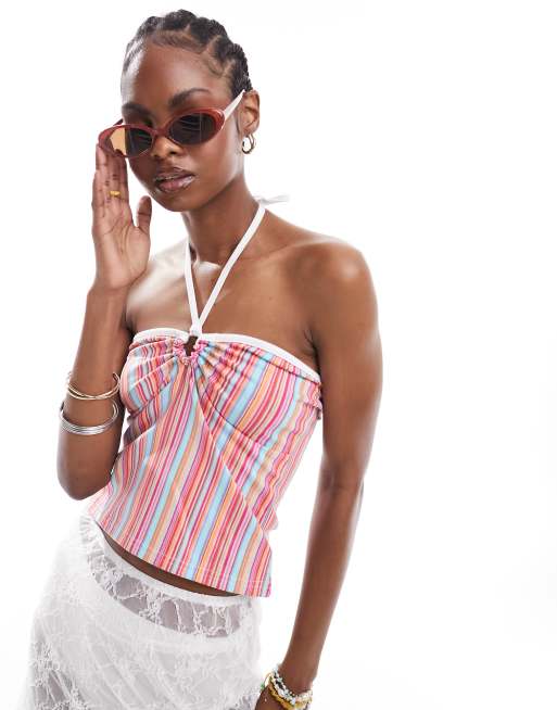 Daisy Street - Crop top allacciato al collo stile Y2K a righe vivaci con fascette