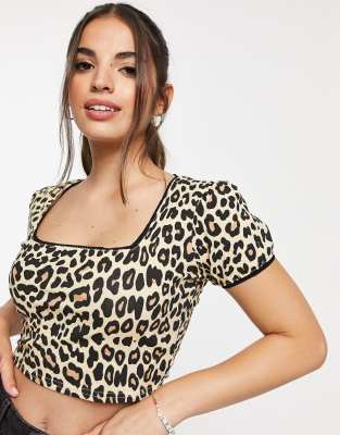Crop top leopardato con finiture in pizzo-Marrone - Daisy Street  donna Marrone