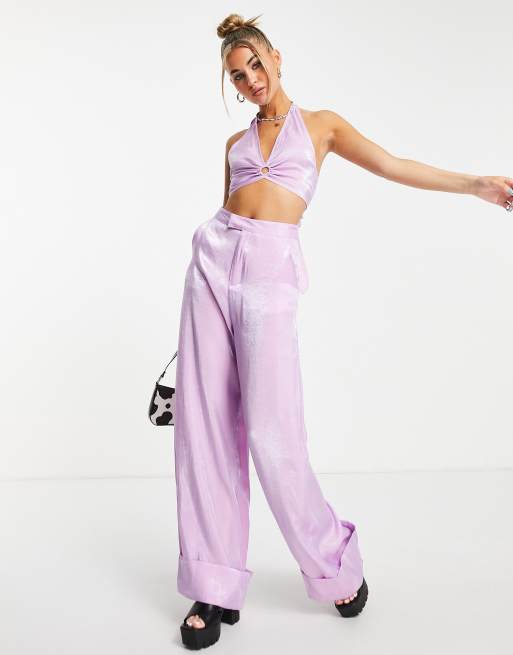 Daisy Street - Crop top met halternek en ringetje in glimmend lila, deel van co-ord set