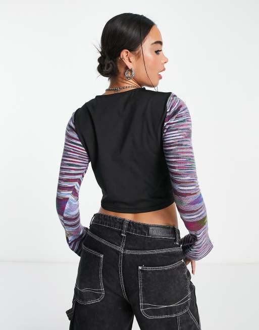 Daisy Street - Crop top style années 2000 avec manches en maille contrastante, 2 de 4
