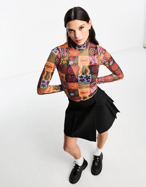 Daisy Street - Crop top van mesh met lange mouwen en col in multi retro patchwork