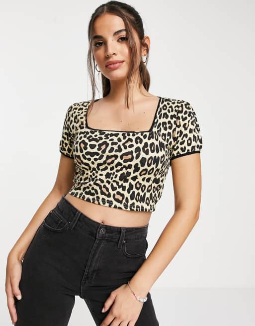 Daisy Street crop top with lace trim in leopard print