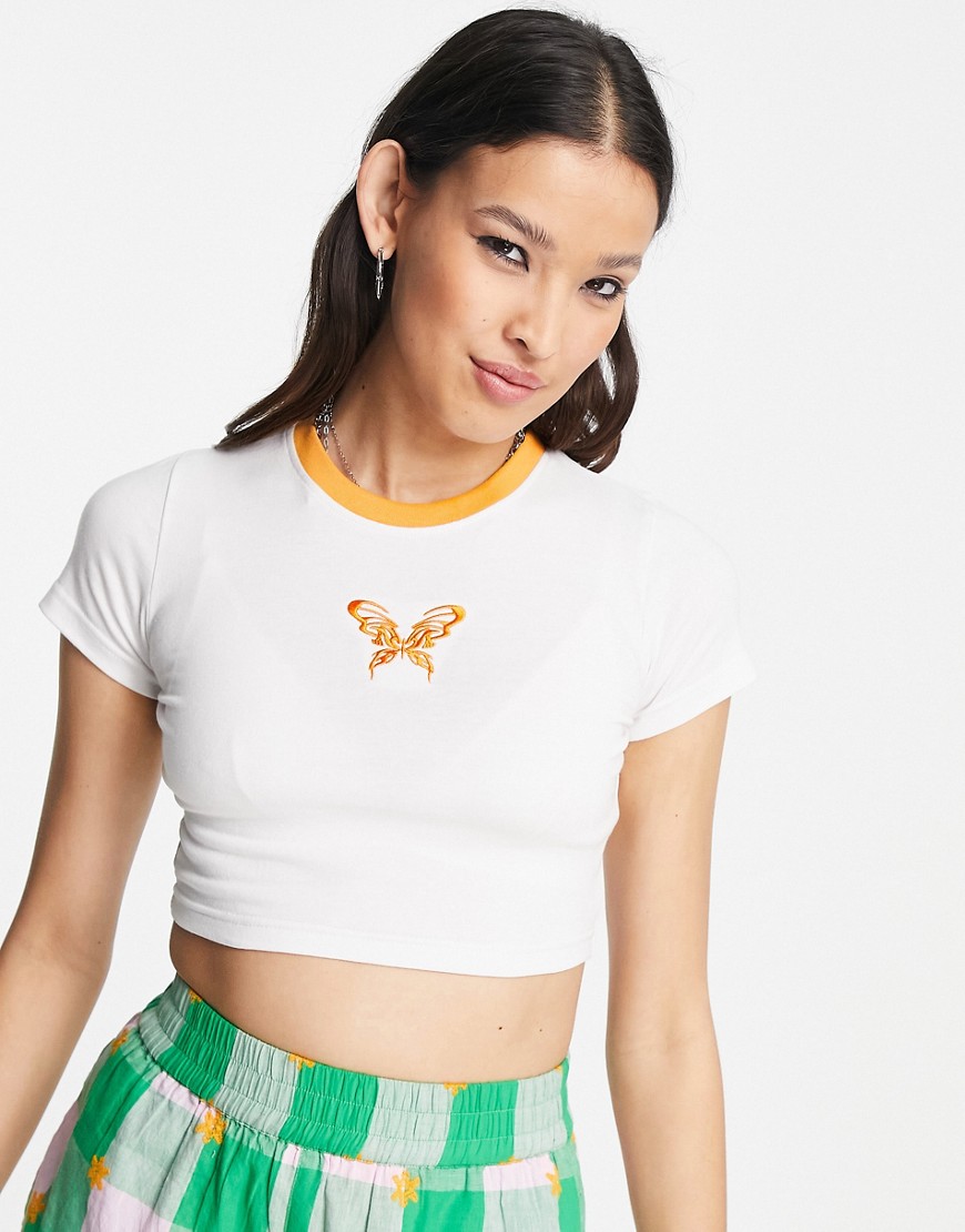 Daisy Street cropped baby ringer t-shirt with butterfly embroidery-White