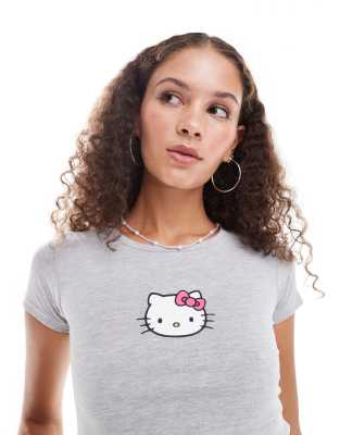 Daisy Street Cropped Baby Tee With Hello Kitty Graphic In Gray