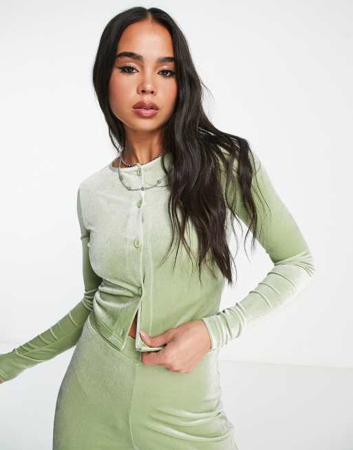 Daisy Street cropped button front cardigan in stretch velvet sage (part of a set)