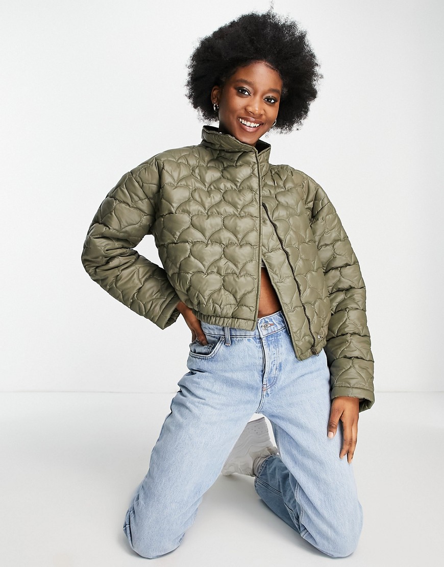 Daisy Street cropped jacket in heart quilt-Green