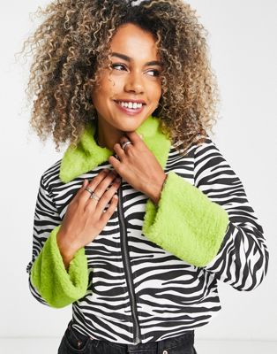 Daisy Street cropped jacket in zebra print with faux fur green cuffs and collar - ASOS Price Checker