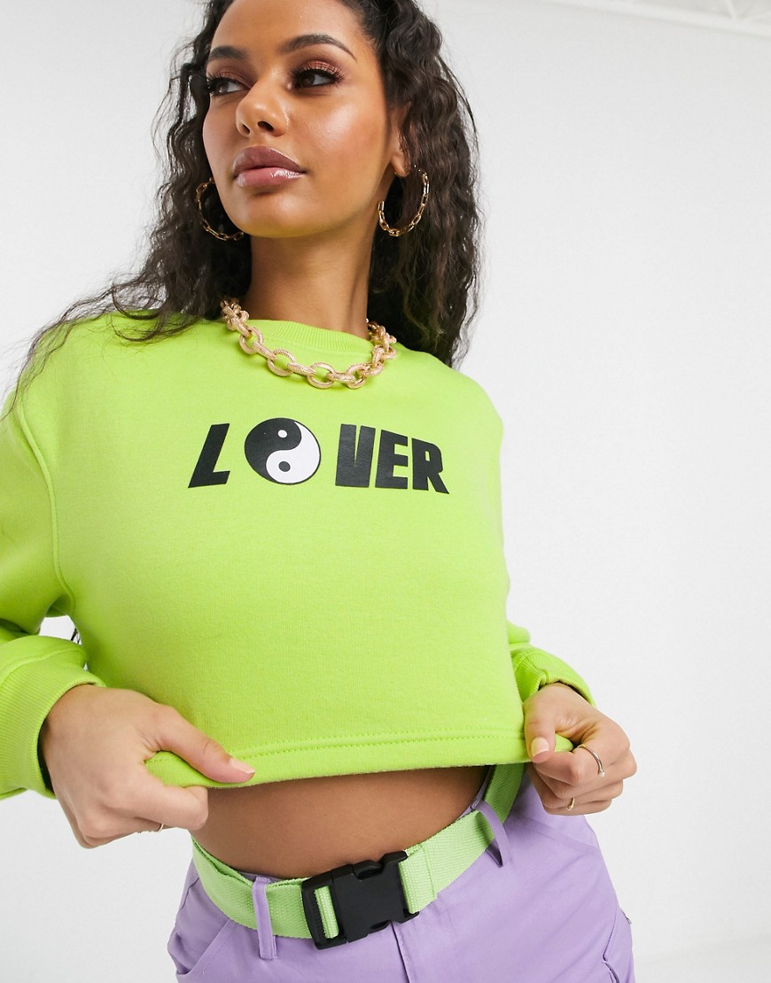 Daisy Street cropped neon sweat with lover print in lime green