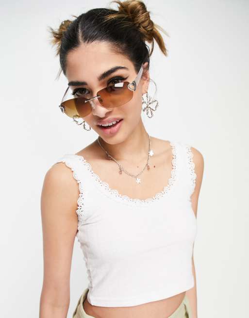 Daisy Street cropped ribbed singlet with lace trim in white