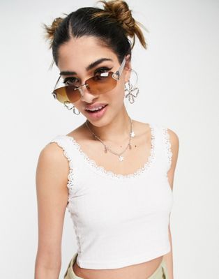 Daisy Street cropped ribbed vest with lace trim in white
