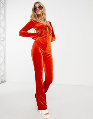 Daisy Street cross front 70s style velvet jumpsuit in orange