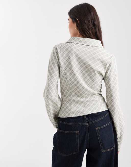 Daisy Street curved button placket detail shirt in light gray plaid, 2 of 4
