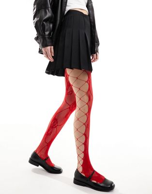 Daisy Street cut out fishnet tights in red
