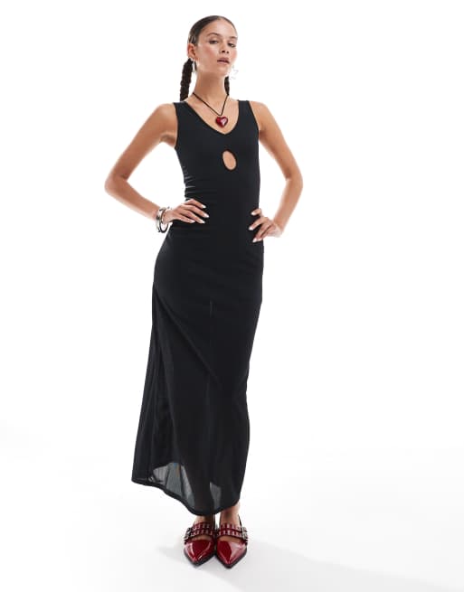 Daisy Street cut out v-neck cami maxi dress in black rib