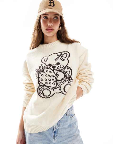 Daisy Street cute teddy bear intarsia knit jumper in cream - view 1