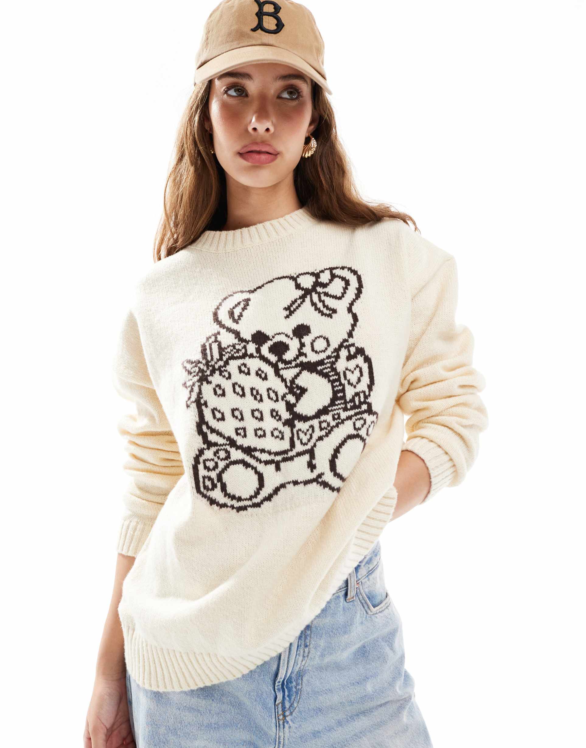 daisy street cute teddy bear intarsia knit sweater in cream