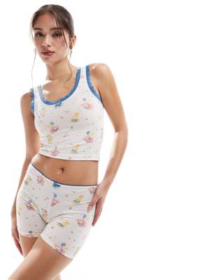 cute vintage print tank top and boxers pajama set in cream-White