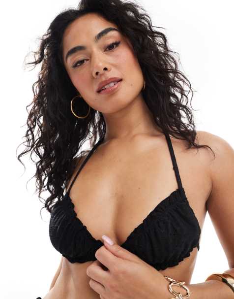 Daisy Street frill detail tie front bikini top in black broderie