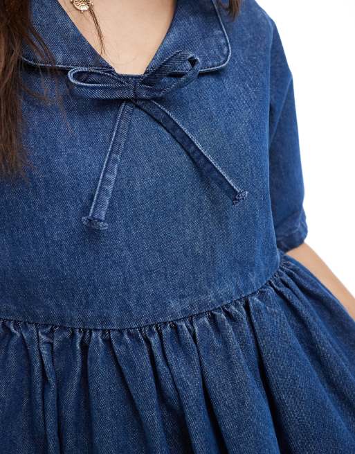 Daisy Street Denim Smock Mini Dress in Vintage Blue