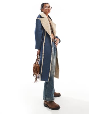 Daisy Street denim trench coat with frayed edges and faux fur