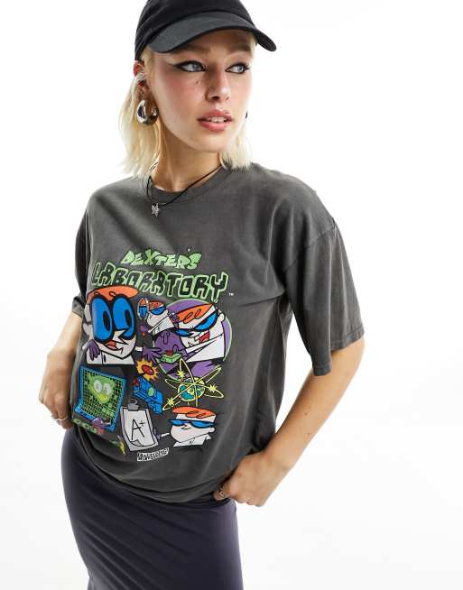 Daisy Street – Dexter's Laboratory – Grafitowy T-shirt z efektem sprania i nadrukiem