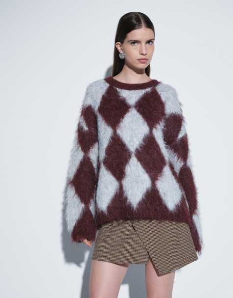 Daisy Street diamond print oversized fluffy jumper in red and grey - view 1