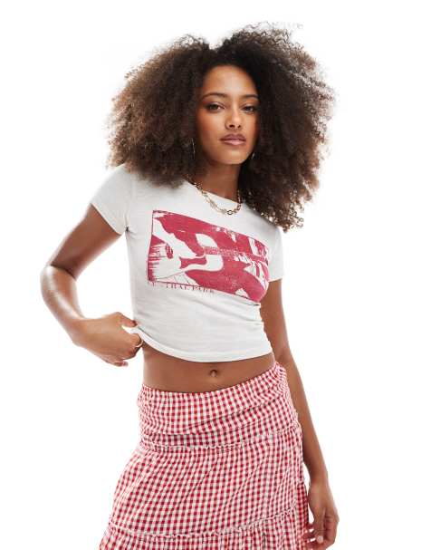 Daisy Street – Dopasowany krótki biały T-shirt z grafiką - view 1