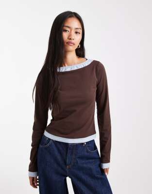 Daisy Street - Doppellagiges Overlay-Oberteil in Braun und Blau-Brown
