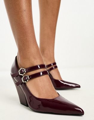 Daisy Street double daisy buckle western mary janes in burgundy patent - ASOS Price Checker