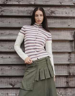 Daisy Street Double Layer High Neck Button Down Knit Top In Pink