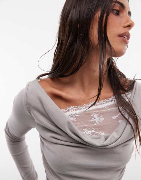 Daisy Street double layer slinky long sleeve top with lace insert in gray - view 1