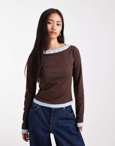 Daisy Street double overlay top in brown and blue - view 1