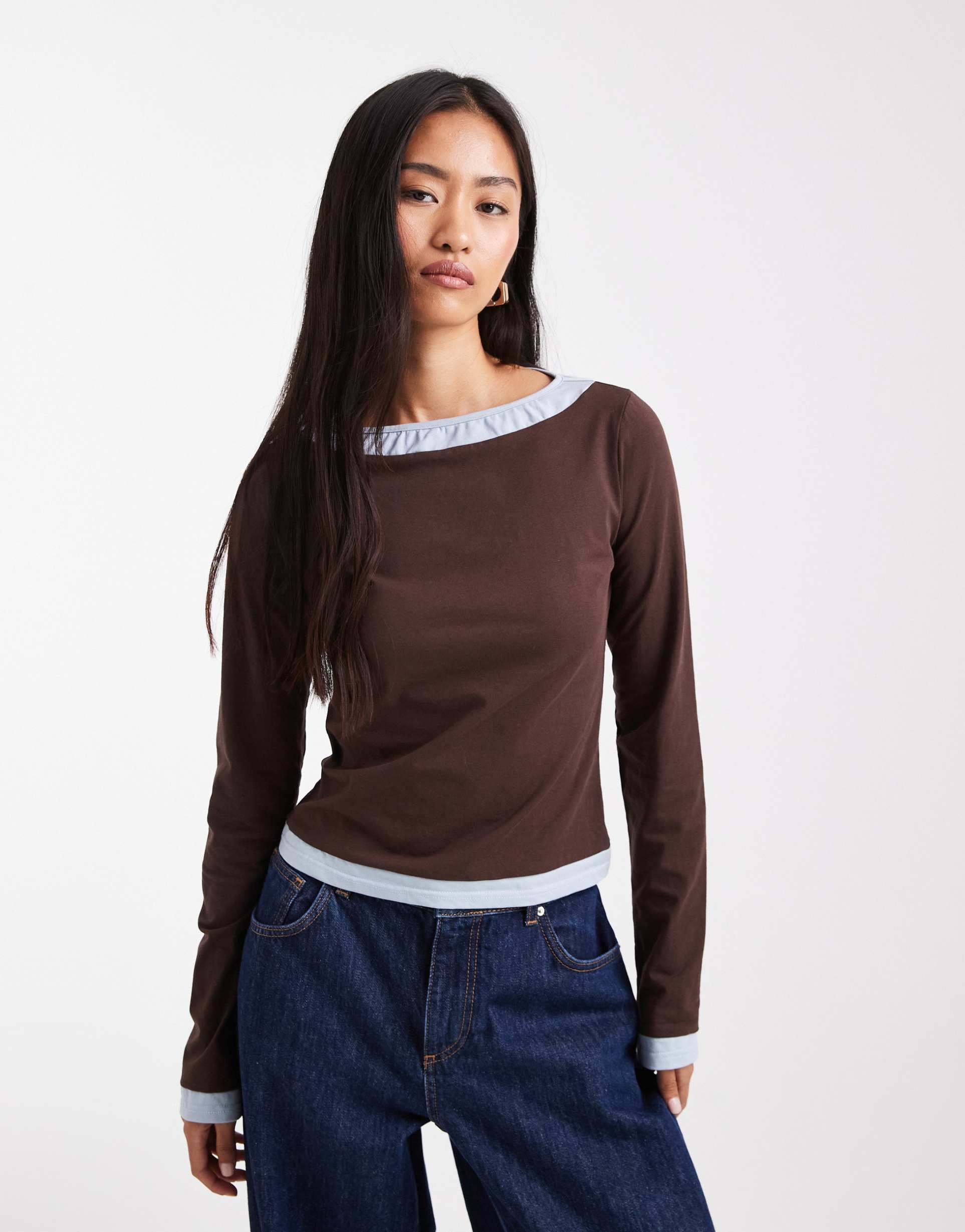 daisy street double overlay top in brown and blue