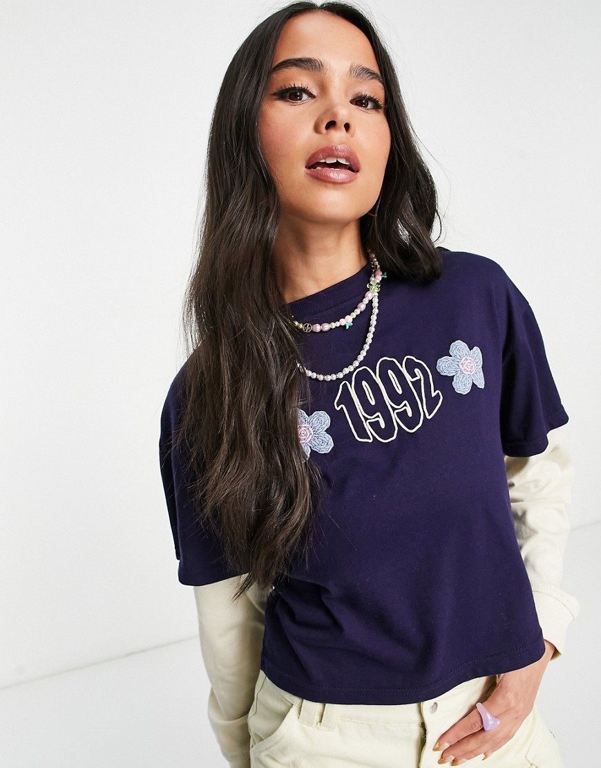 Daisy Street douple layer long sleeve skate t-shirt with puff 1992 graphic-Blue