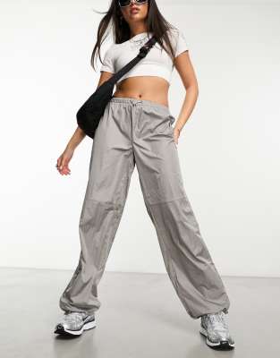 Daisy Street drawstring parachute pants in silver gray