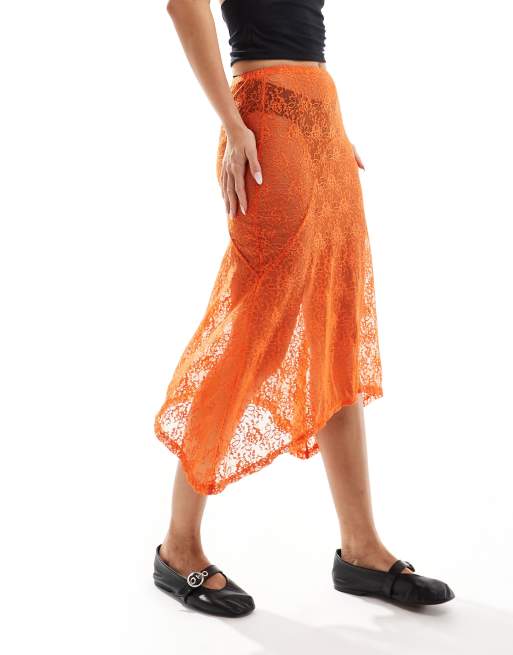 Daisy Street drop hem midi skirt in orange lace