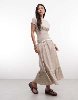 Daisy Street drop shirred waist midi dress with broderie detailing in brown stripe