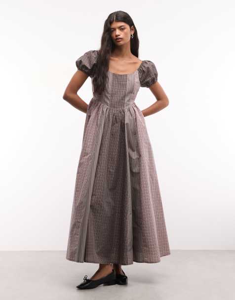 Daisy Street drop waist corset style maxi dress with puff sleeve in multi check - view 1