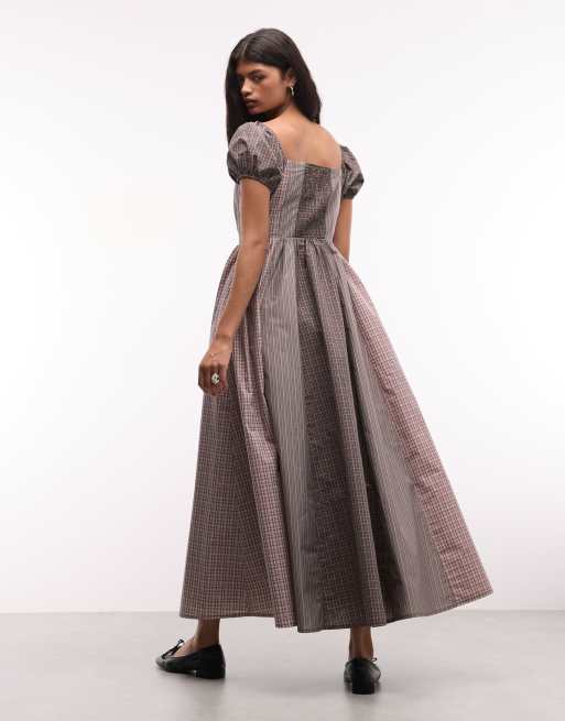 Daisy Street drop waist corset style maxi dress with puff sleeve in multi check, 2 of 4