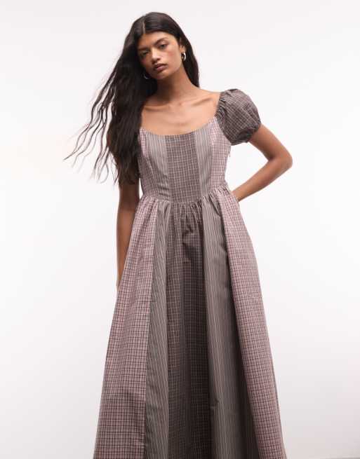 Daisy Street drop waist corset style maxi dress with puff sleeve in multi check, 3 of 4