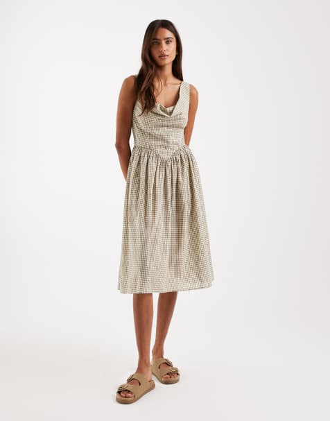 Daisy Street drop waist full skirt midi dress in white and green gingham - view 1