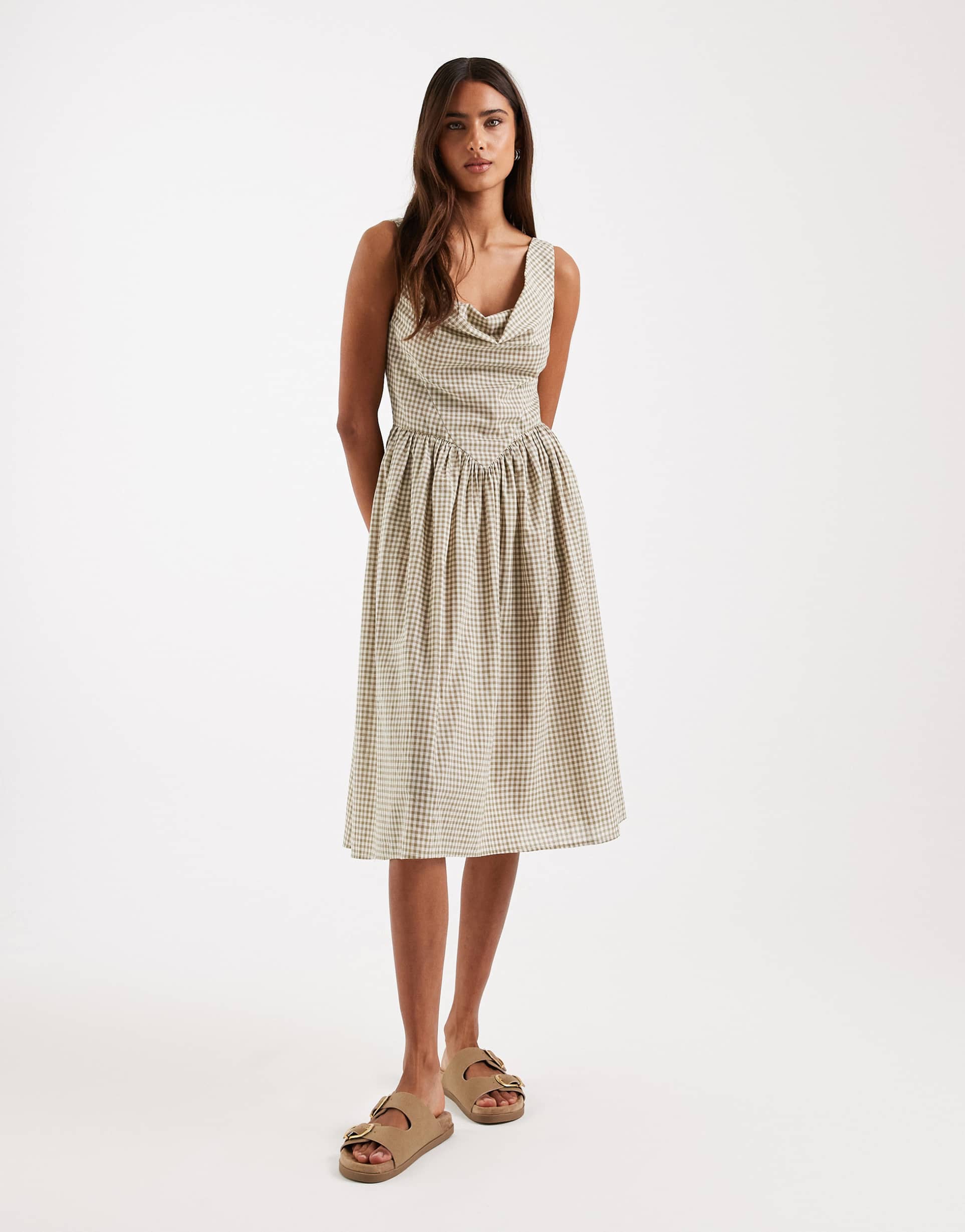 daisy street drop waist full skirt midi dress in white and green gingham