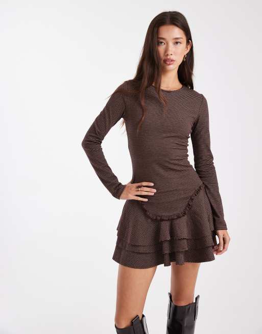 Daisy Street drop waist knitted mini dress in brown blue stripe, 2 of 4