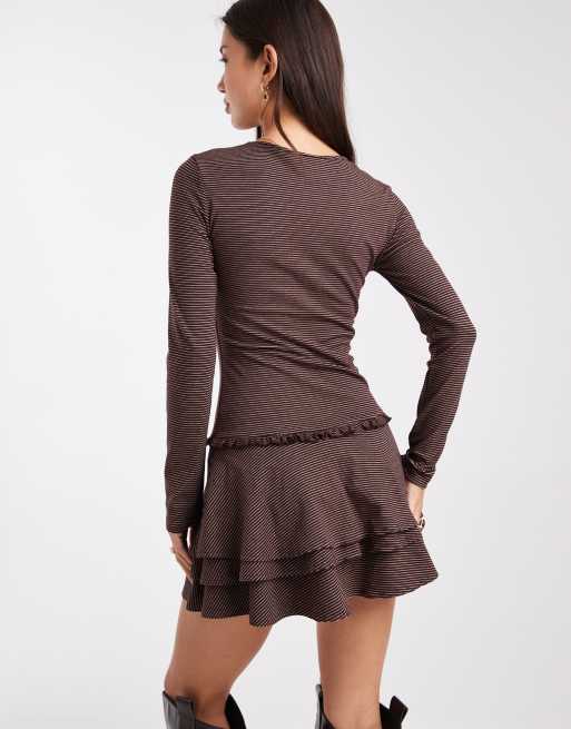 Daisy Street drop waist knitted mini dress in brown blue stripe, 4 of 4