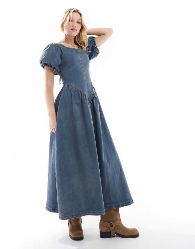 Daisy Street drop waist maxi dress with puff sleeve in vintage blue wash denim