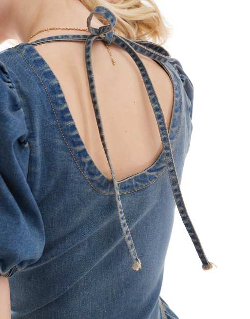 Daisy Street drop waist maxi dress with puff sleeve in vintage blue wash  denim | ASOS