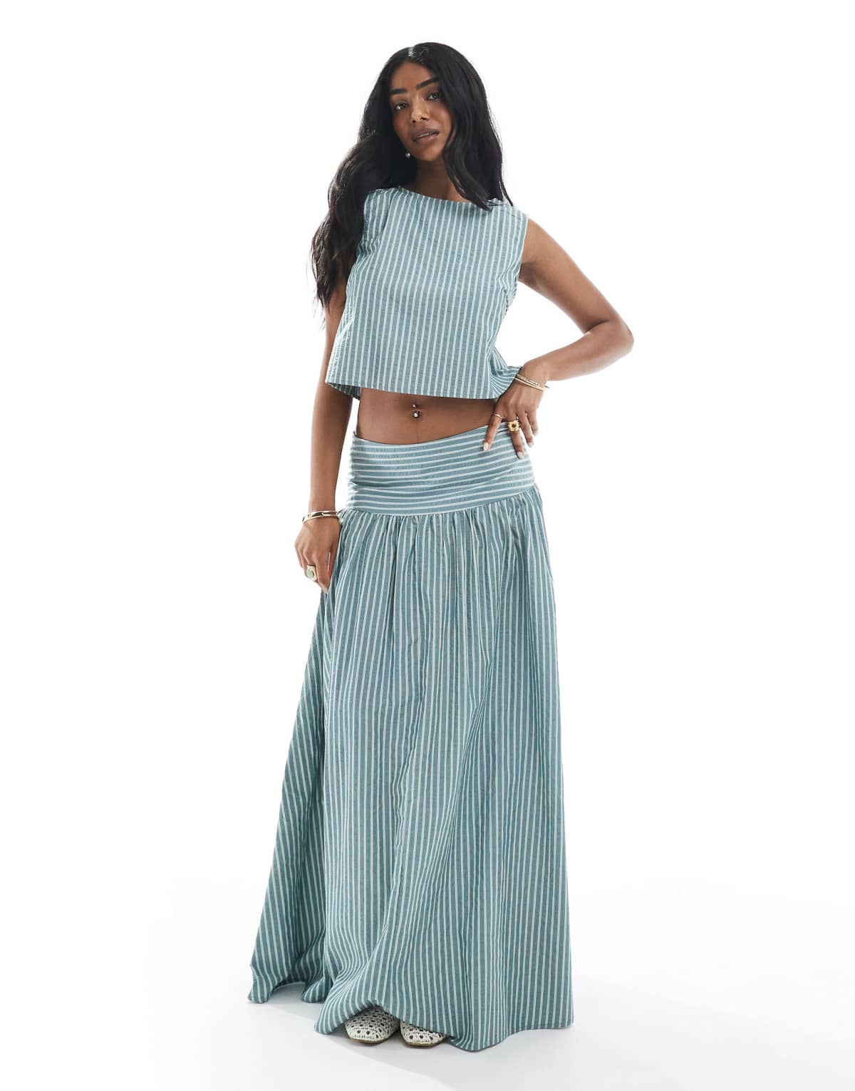 Daisy Street drop waist maxi skirt in blue stripe co-ord