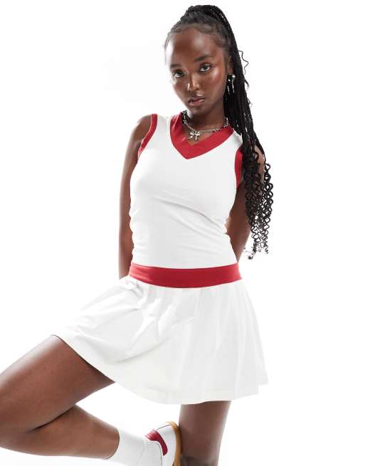 Daisy Street drop waist pleated mini tennis dress in red white contrast
