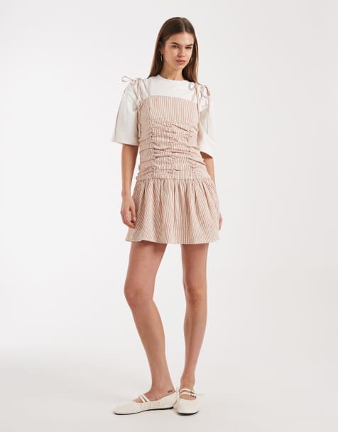 Daisy Street drop waist ruched mini dress with tie straps in pink stripe - view 1