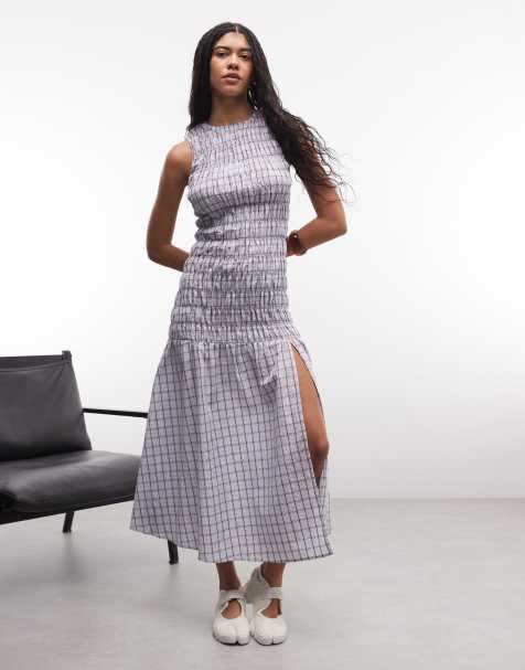 Daisy Street drop waist shirred maxi dress in blue burgundy check - view 1